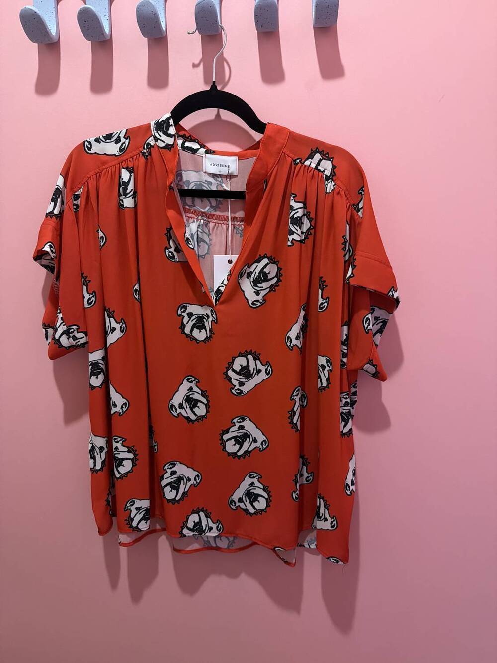NEW ADRIENNE women's placket shirred sleeve band top - plus in bulldogs